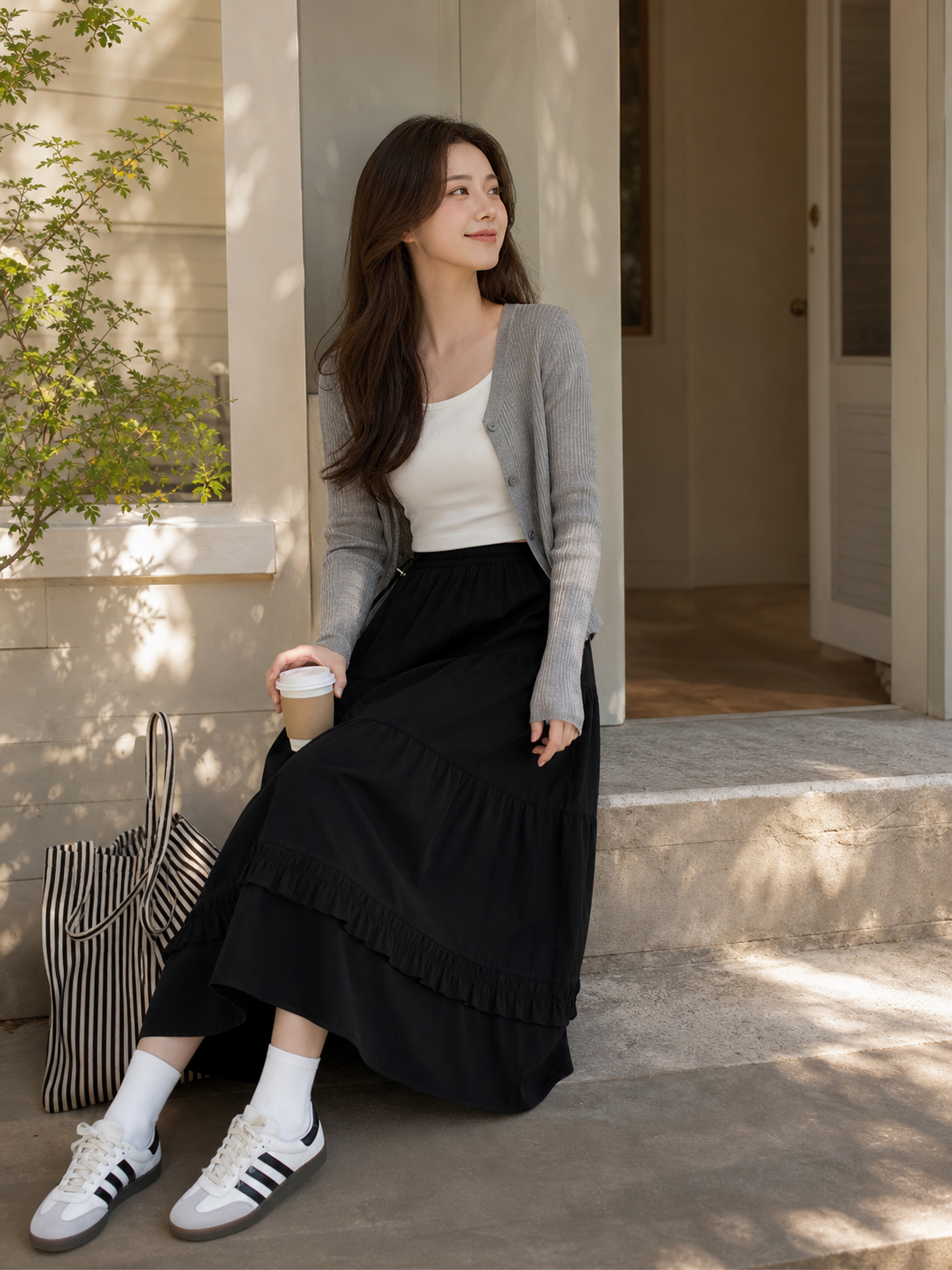 Long Black A-Line Skirt with Tiered Pleats
