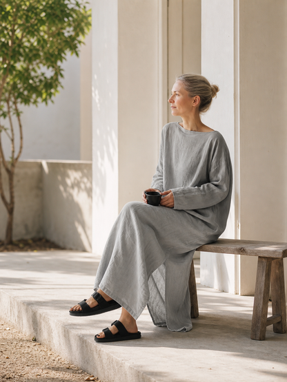 Gray Maxi Dress with Long Sleeves and Slits