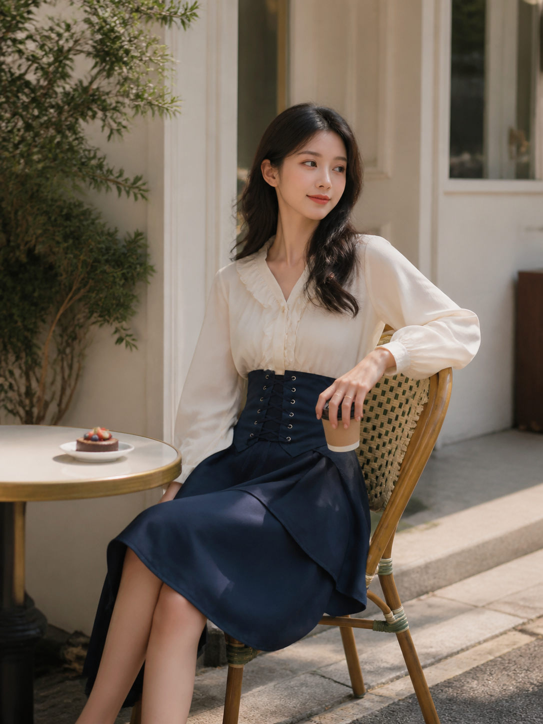 Dark blue cape with a high collar and lacing