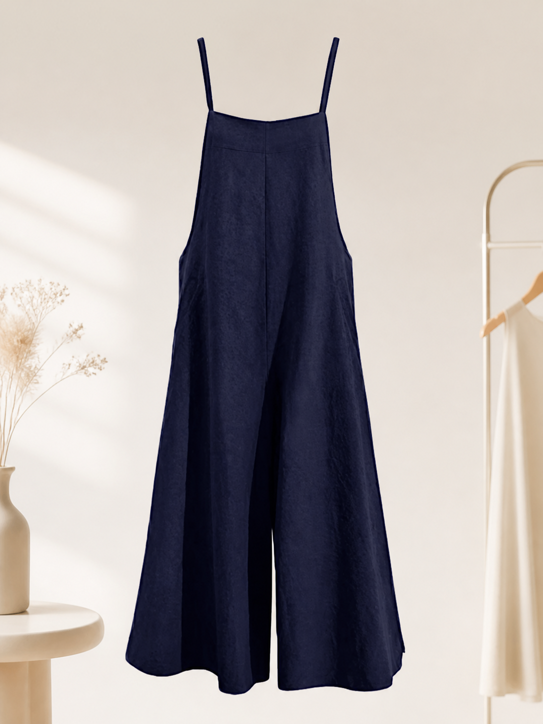 Blue Spaghetti Strap Wide Leg Jumpsuit, Sleeveless One-Piece Overalls With Long