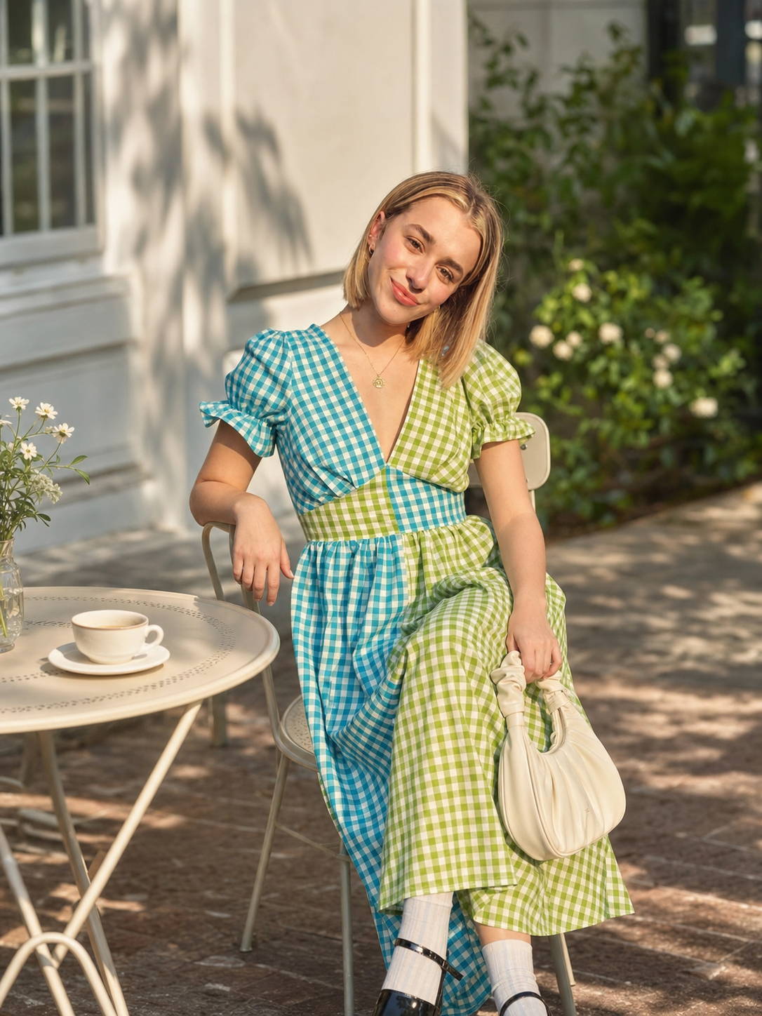 V-Neck Dress with Puff Sleeves and Plaid Pattern