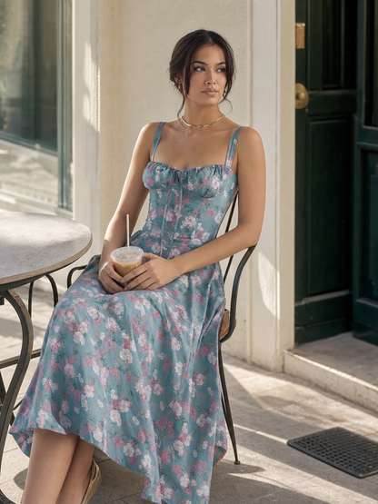 Women's midi dress with a square neckline and print