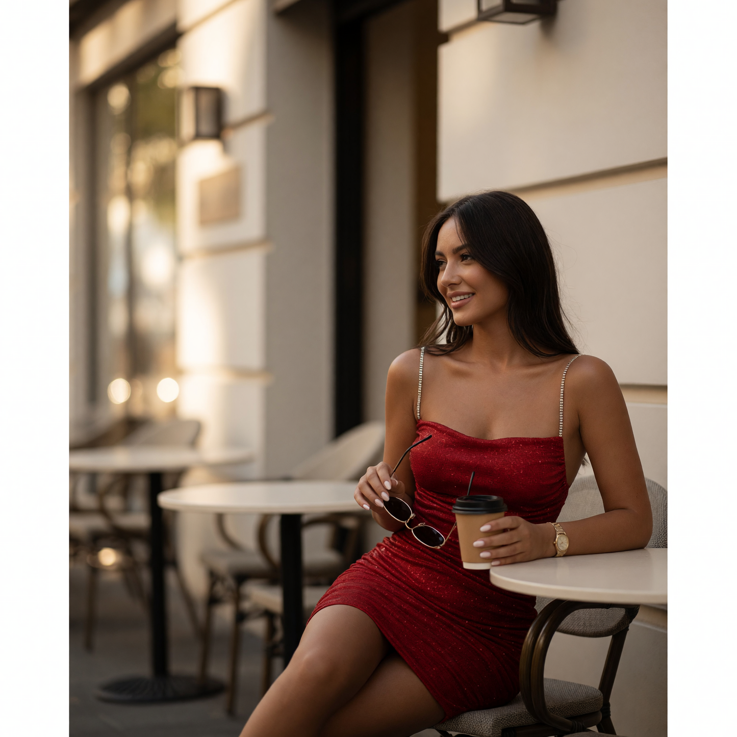 Women’s Red Strappy Dress with Draping