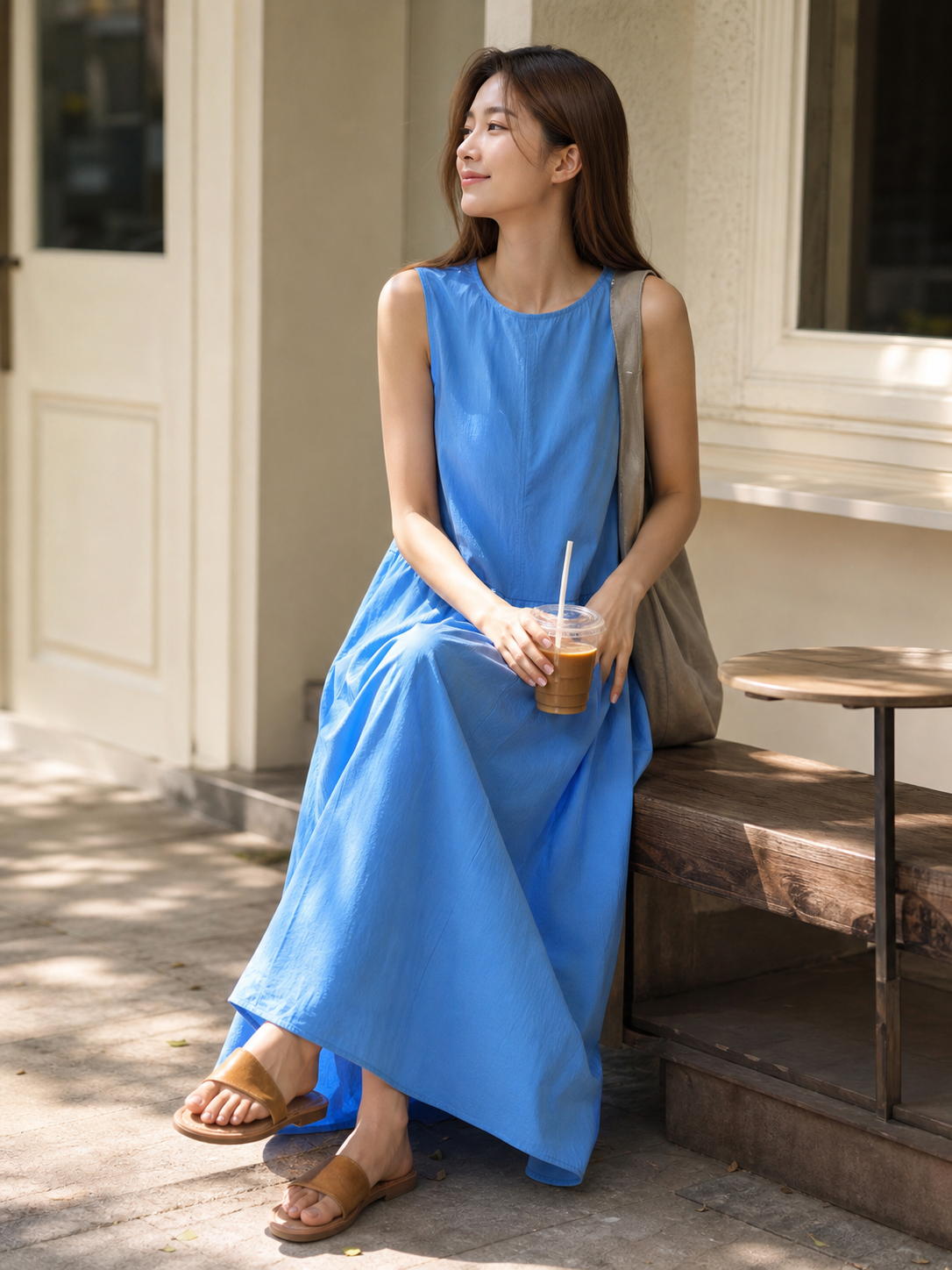 Women's blue sleeveless midi dress with pockets