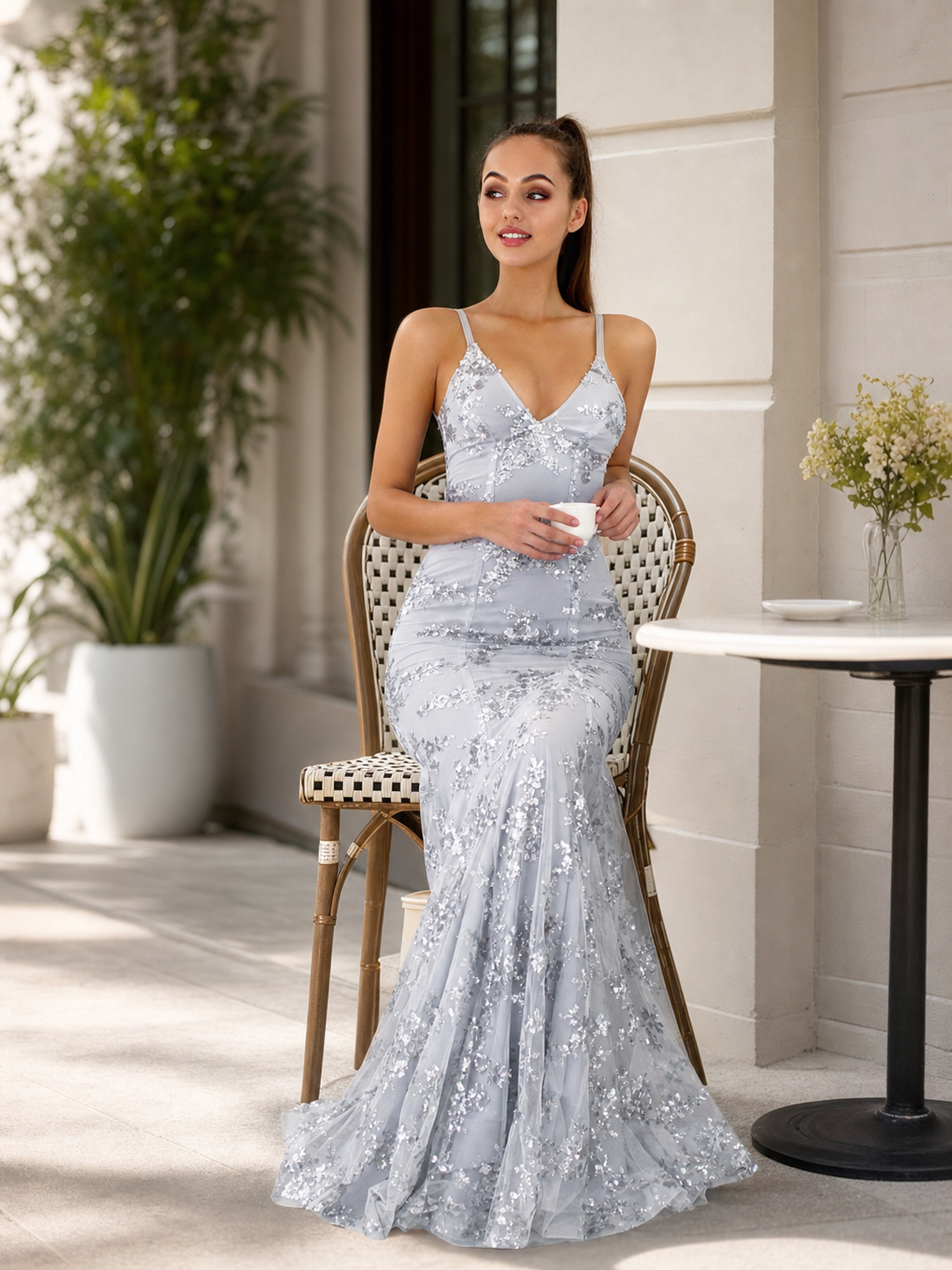 Women's Silver-Gray Sequin Dress with a V-Neckline