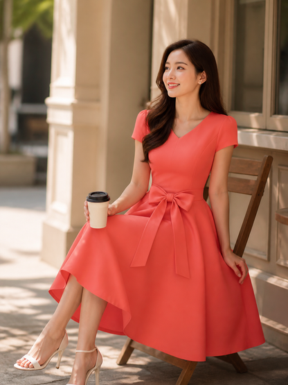 Coral V-Neck Dress with Large Bow