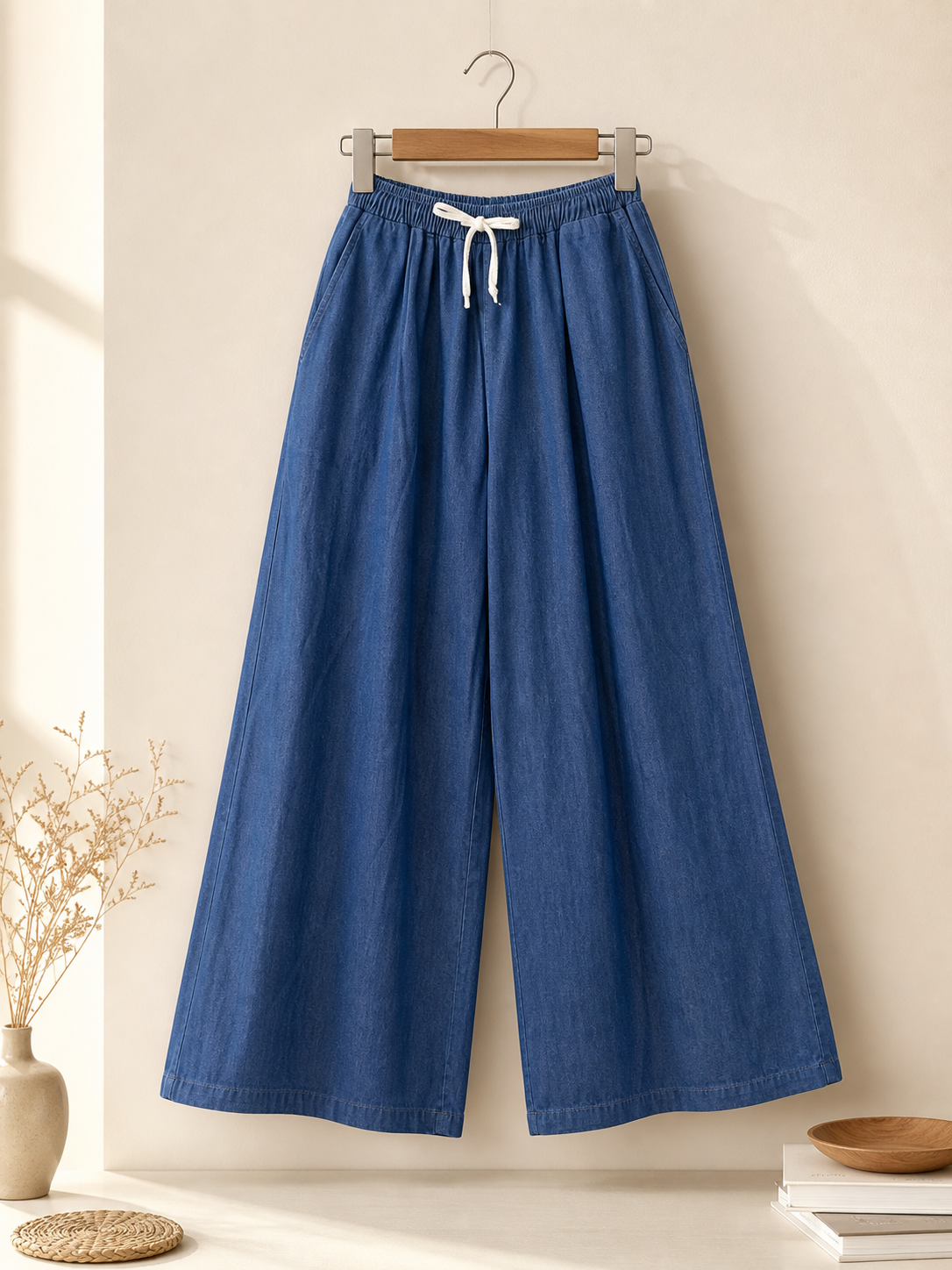 Loose-fit denim pants with an elastic waistband