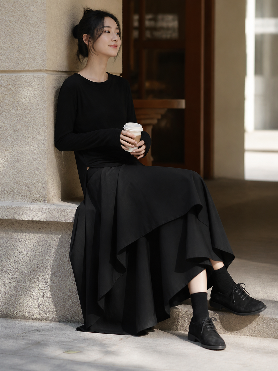 Women's Black Long Skirt with an Asymmetrical Hem
