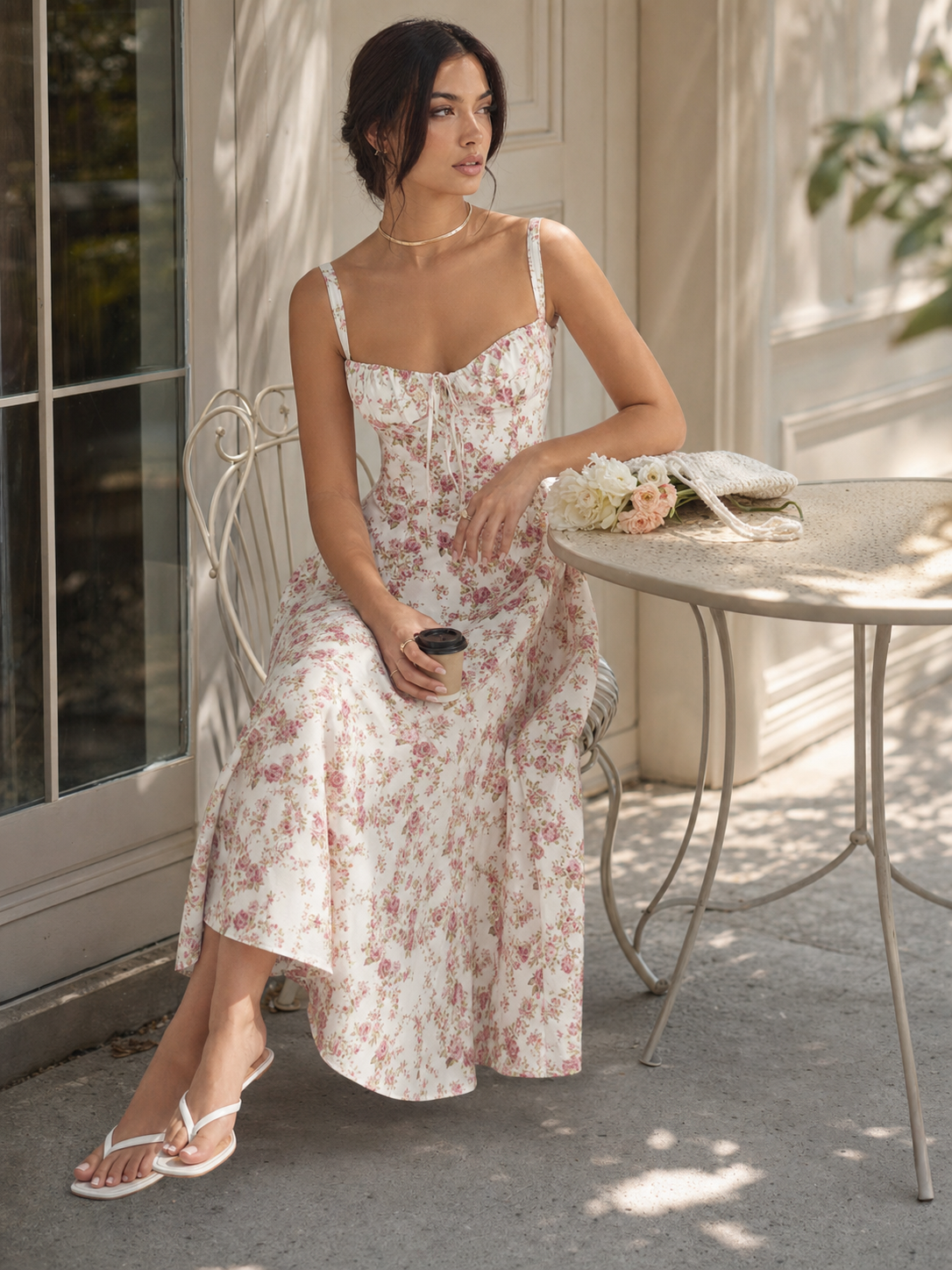 Summer midi dress with thin straps and floral print