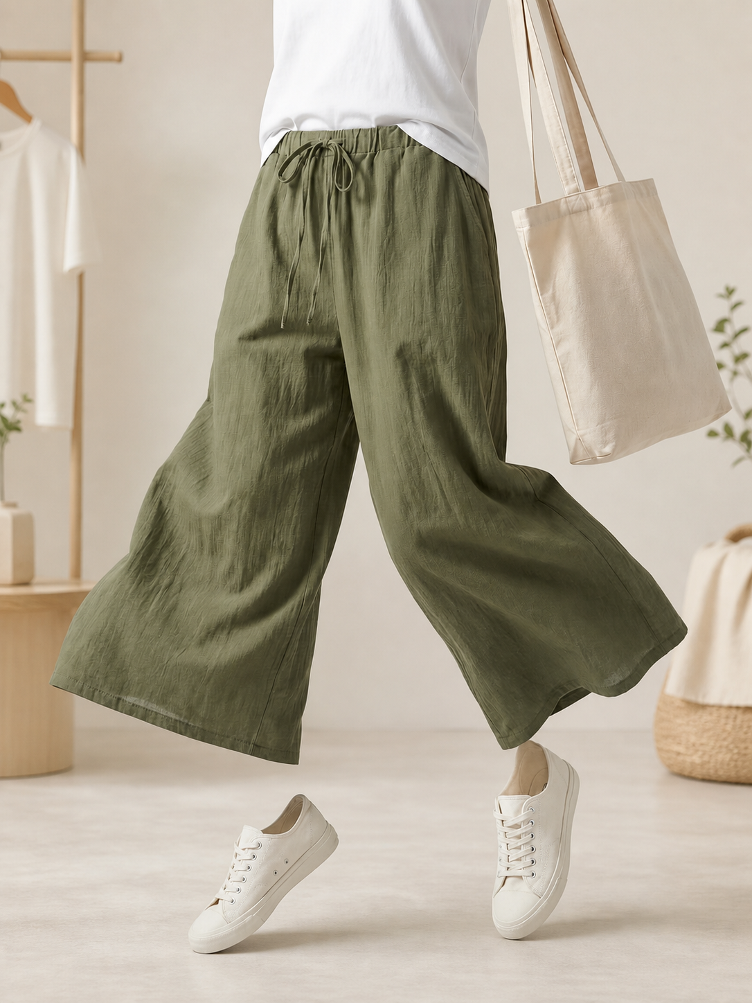Wide-leg pants with a high elastic waistband, army green