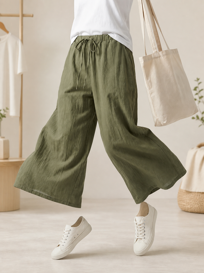 Wide-leg pants with a high elastic waistband, army green