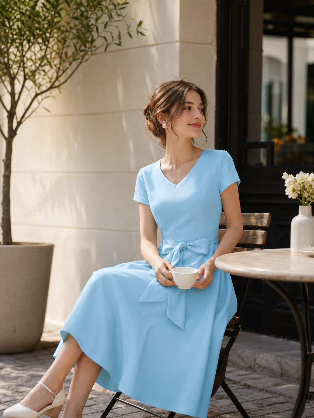 Light Blue V-Neck Dress with Bow and Full Skirt