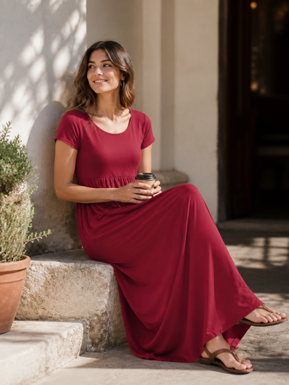 Women's Long Dress with Short Sleeves and Gathering