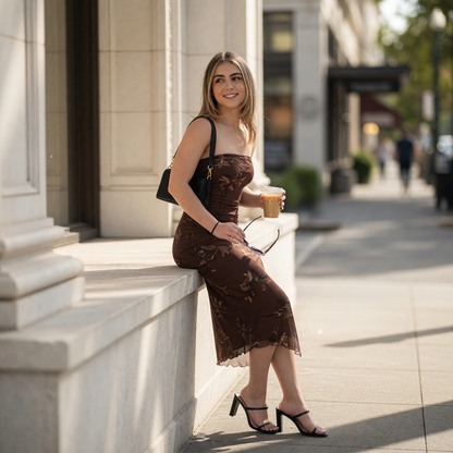 Women’s Brown Long Strapless Dress with Slit