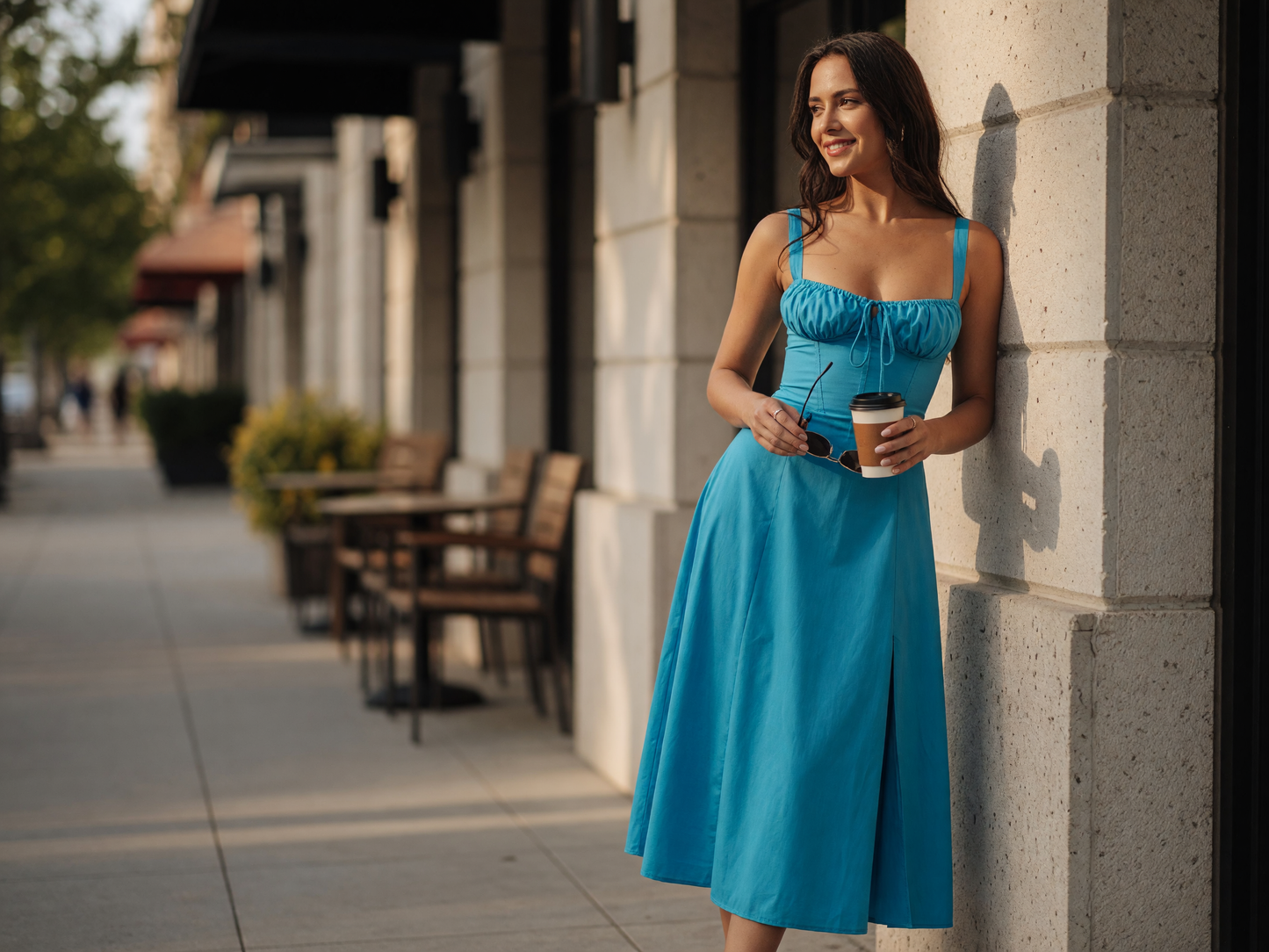 Midi Sundress with Square Neckline and Slit