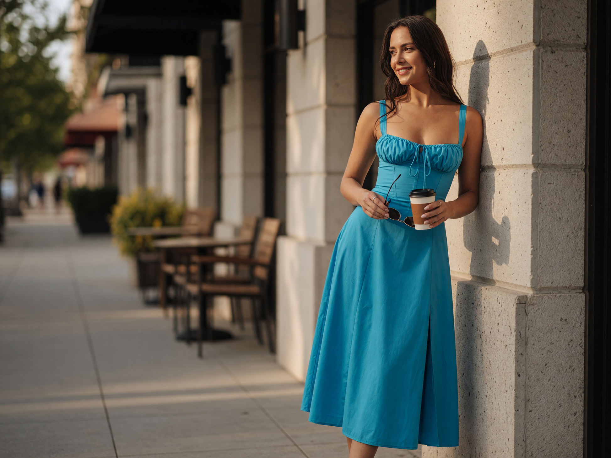 Midi Sundress with Square Neckline and Slit