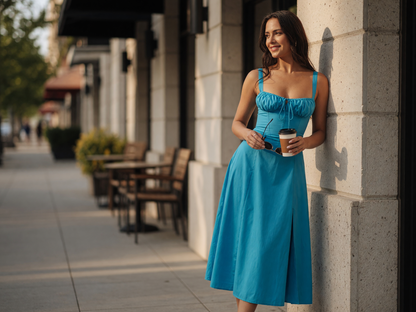 Midi Sundress with a Square Neckline and Slit
