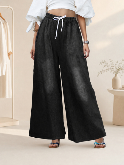 Solid Black Wide-Leg Pants with Elastic Waist and Contrast White Drawstrings