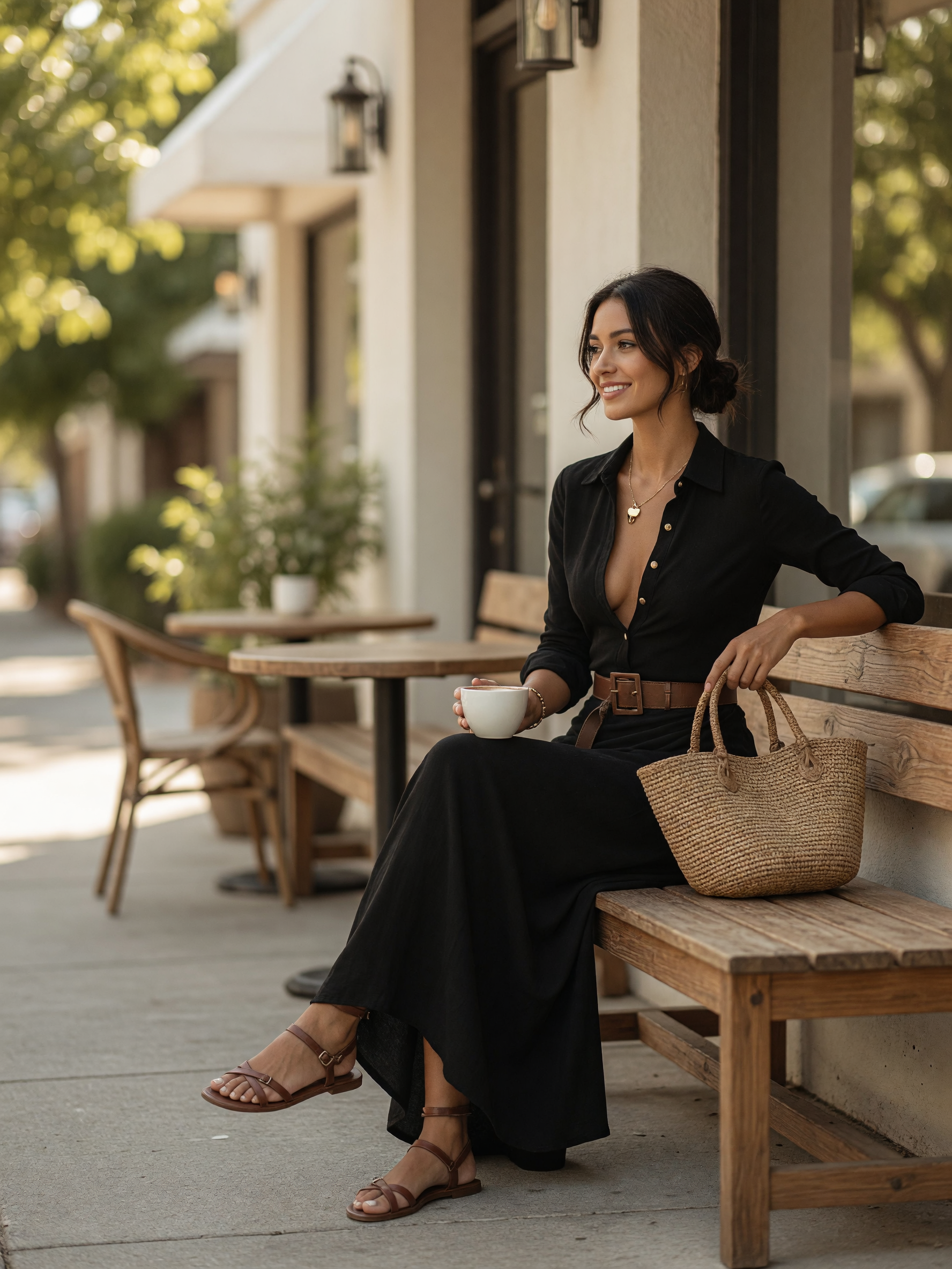 Long black dress with long sleeves and a belt