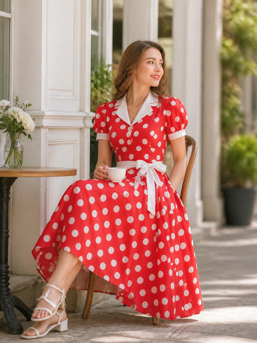 Polka-Dot Dress with a Fold-Over Collar and Belt