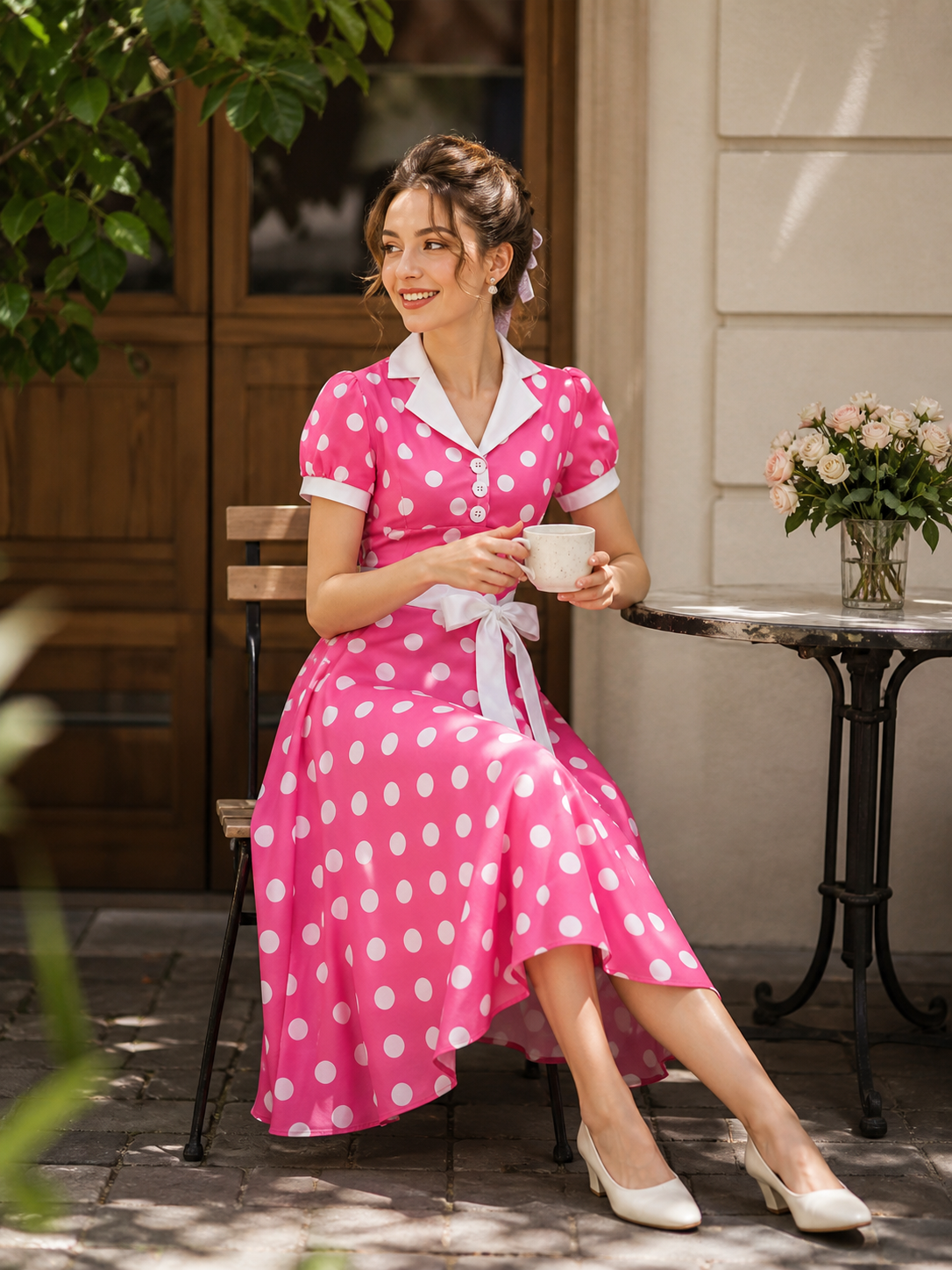 Polka Dot Dress with White Collar and Bow