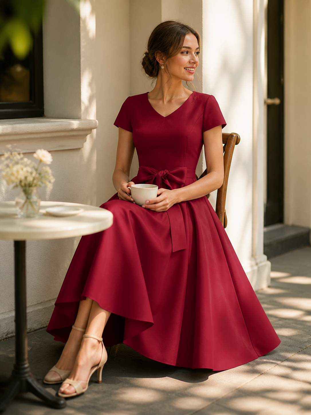 Burgundy Dress with a V-Neckline and Bow