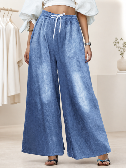 Women's high-waisted wide-leg jeans with a drawstring