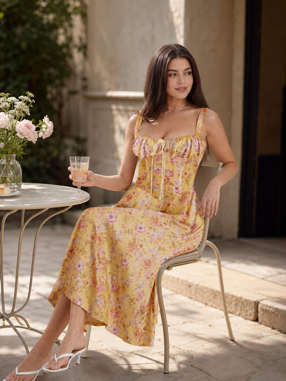 Women's Yellow Summer Midi Dress with Straps