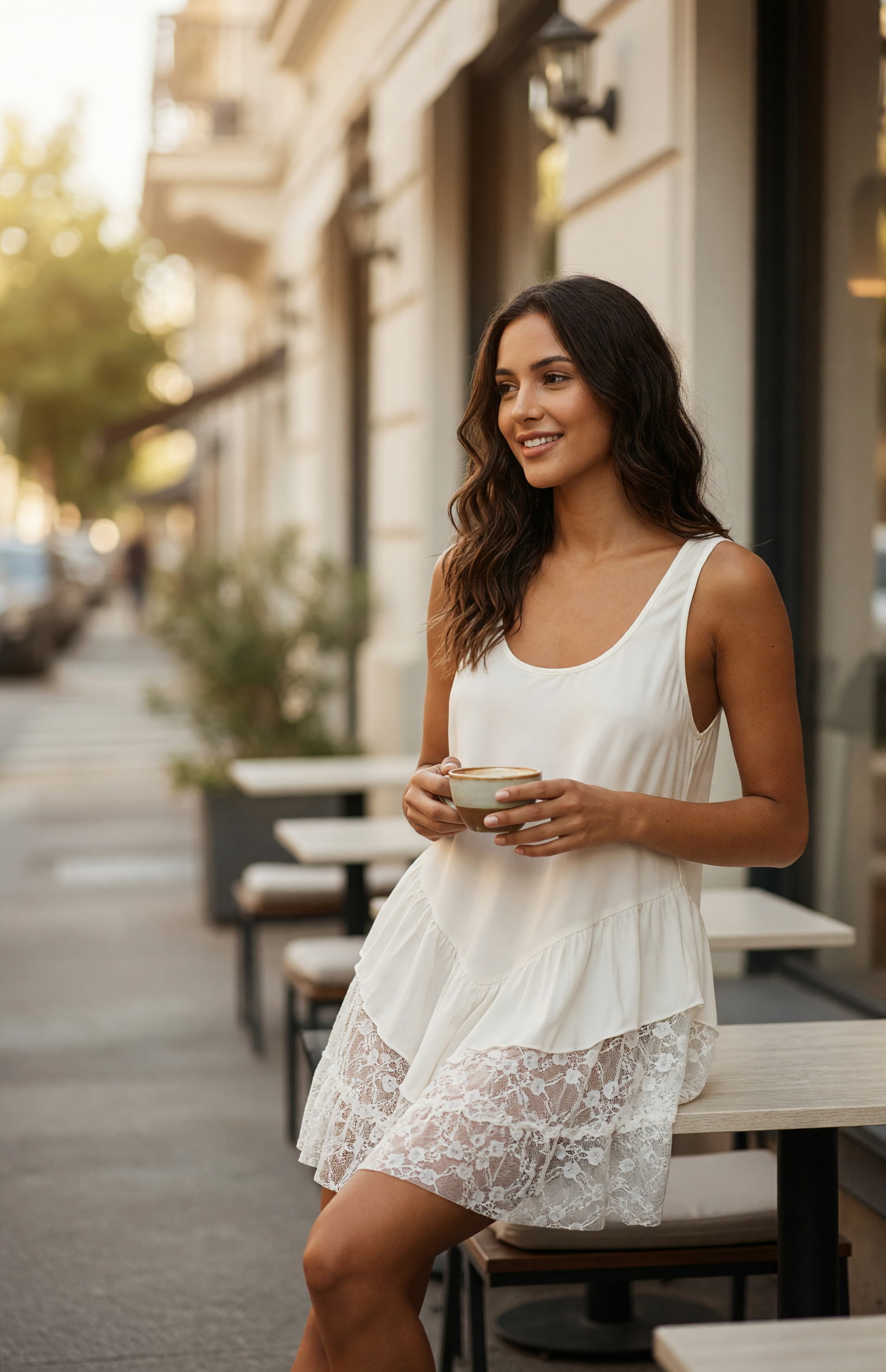 Sleeveless Top with Ruffles and an Asymmetrical Hem