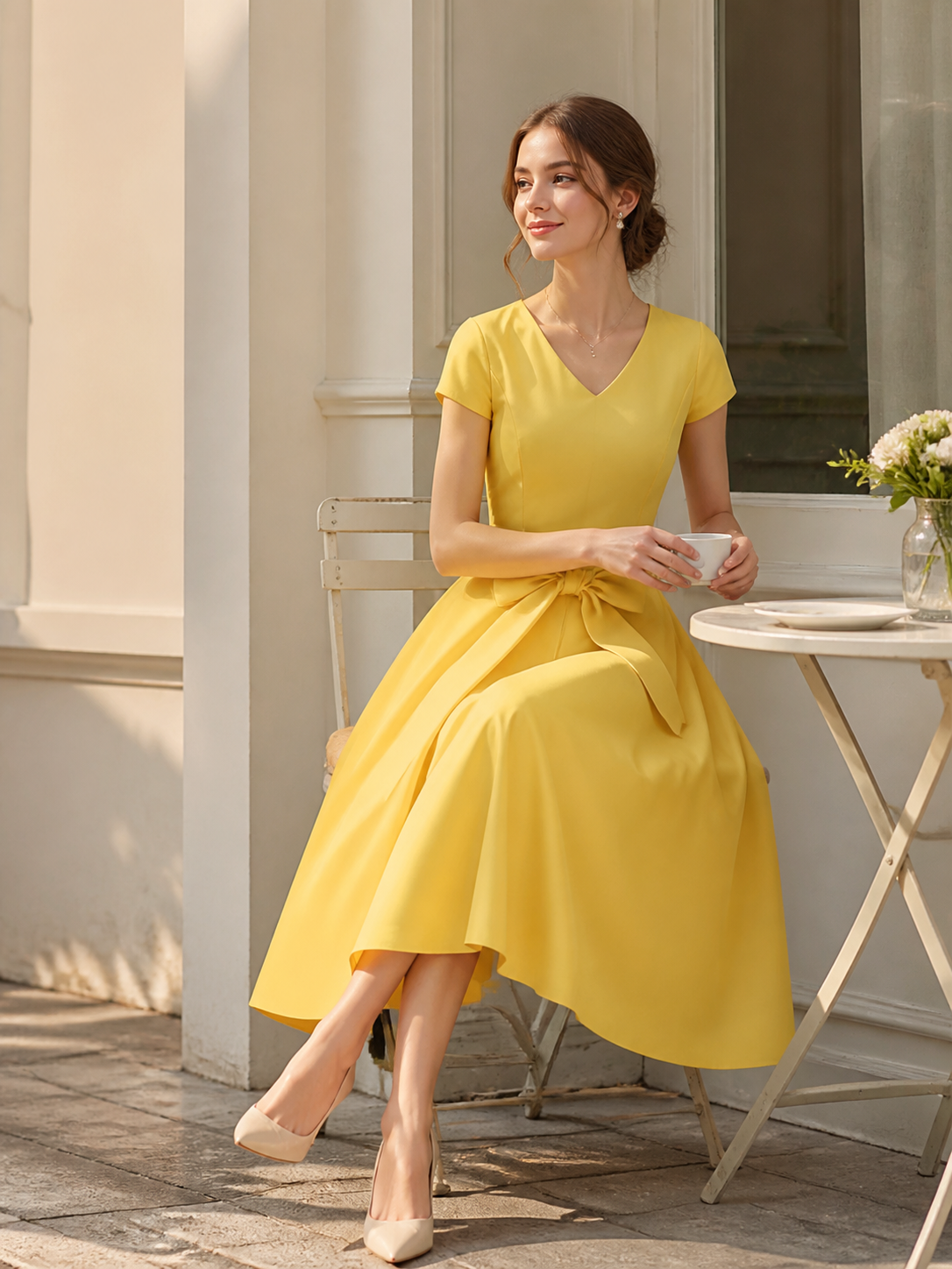 Yellow Dress with V-Neck, Short Sleeves, and Bow