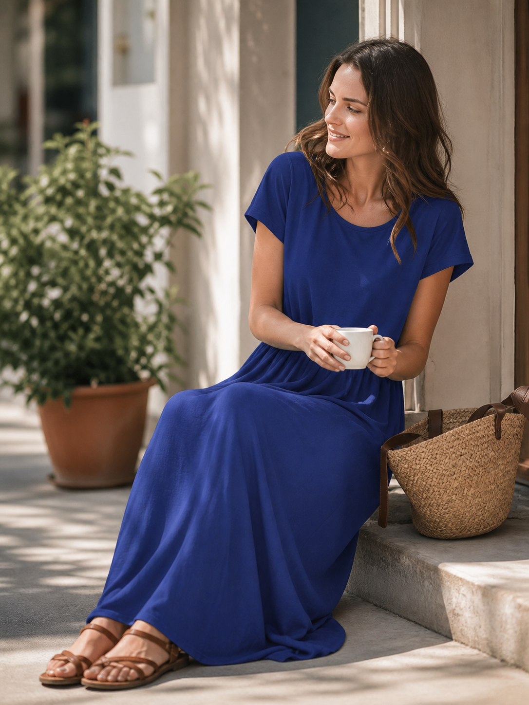 Women's Long Dress with Short Sleeves and Pleats