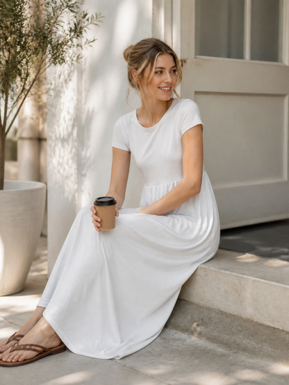 Women’s White Long Dress with Short Sleeves