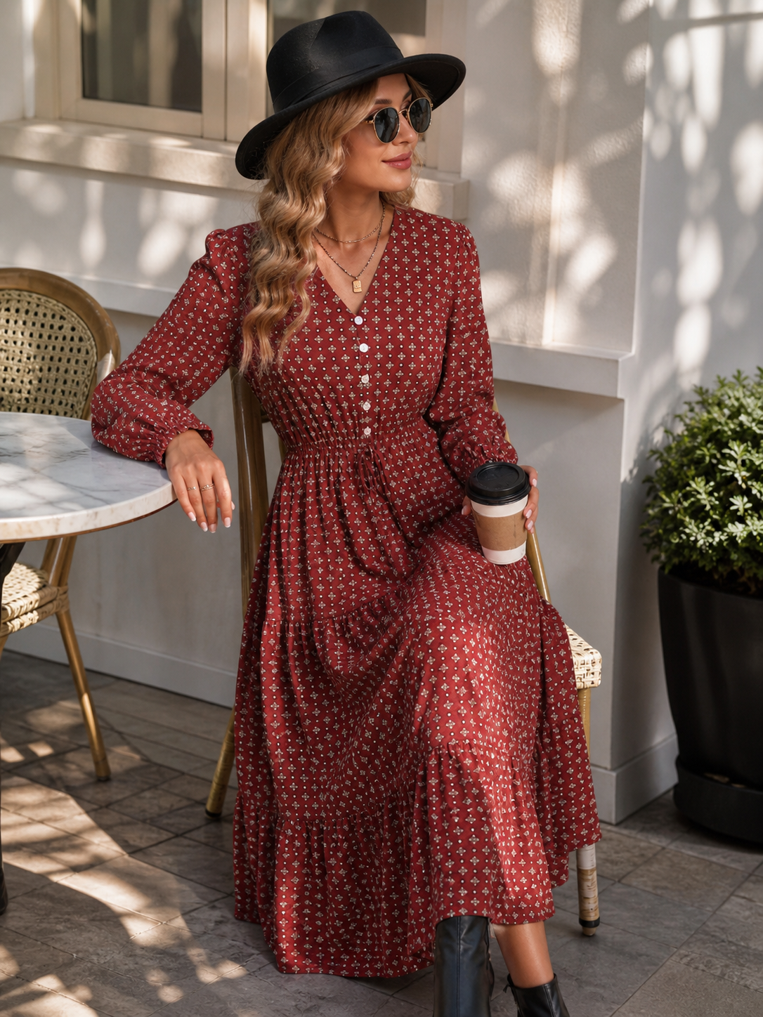 Women's Long Burgundy Dress with Print
