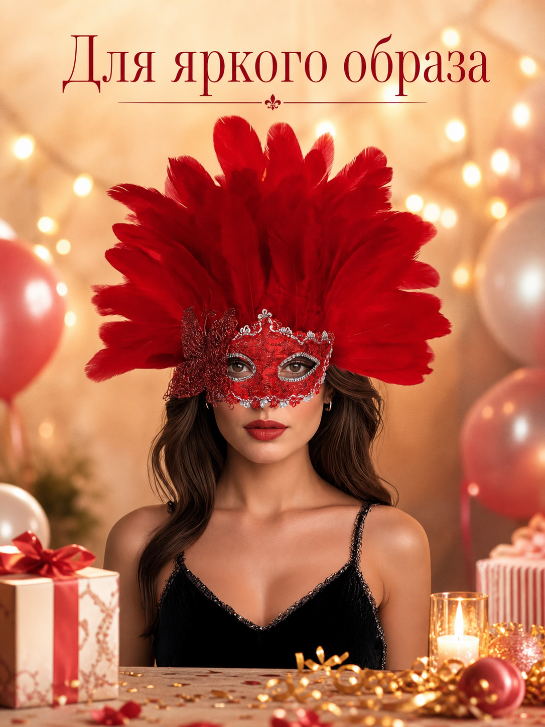 Red feather masquerade half mask product view 38