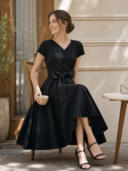 Black V-Neck Dress with Bow