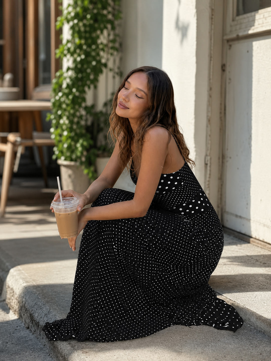 Women's Black Maxi Dress with White Polka Dots