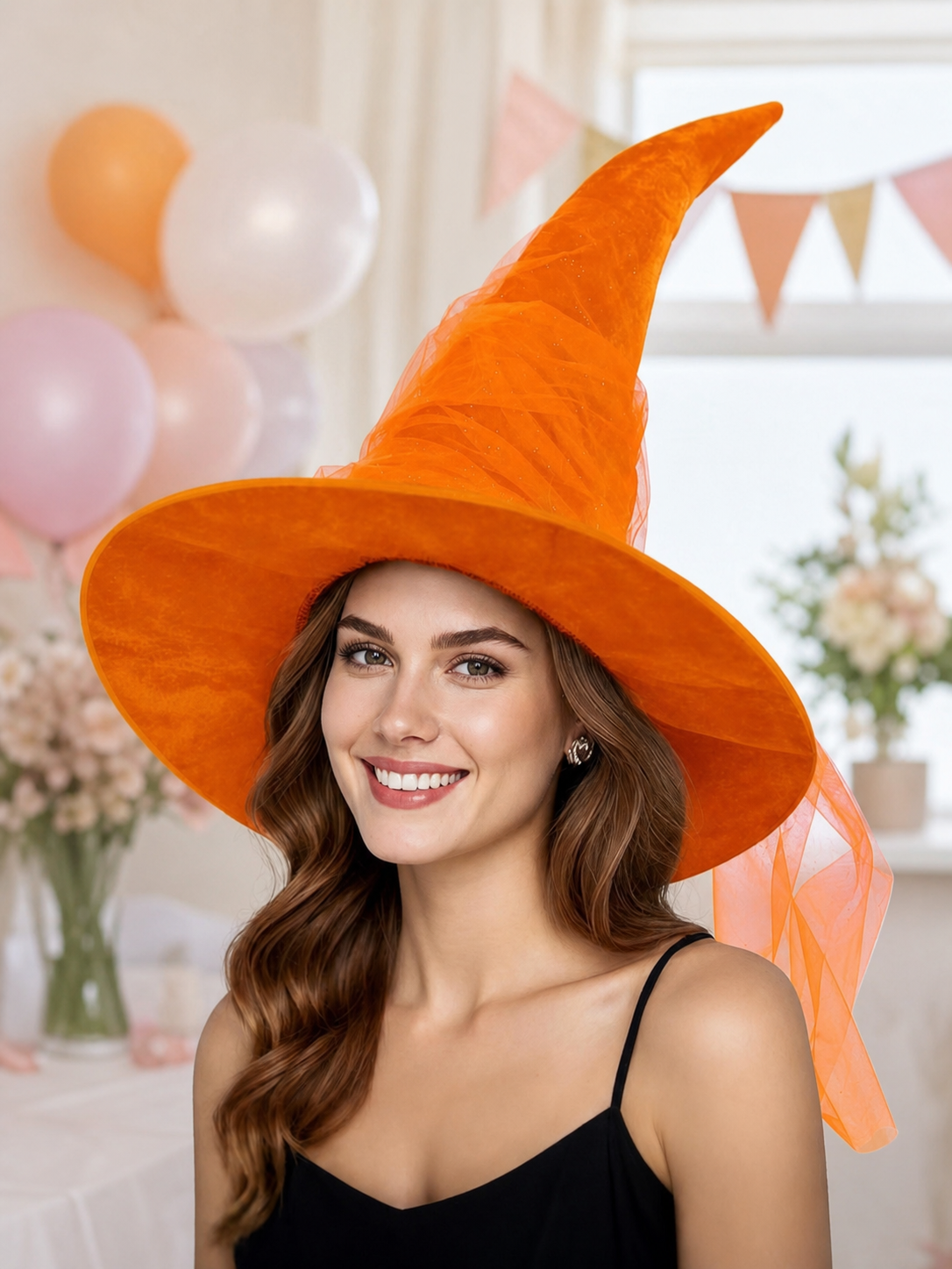 Orange Halloween Witch Hat with Very Tall Curved Pointed Crown, Wide Wavy Brim and Attached Sheer Veil for Costume Parties