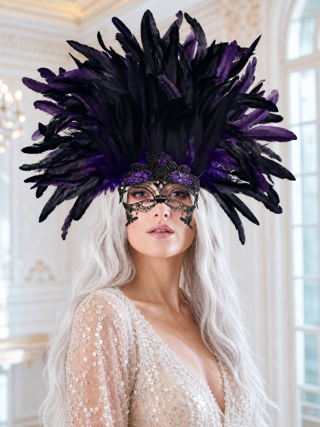 Carnival Headpiece with Feathers and Mask