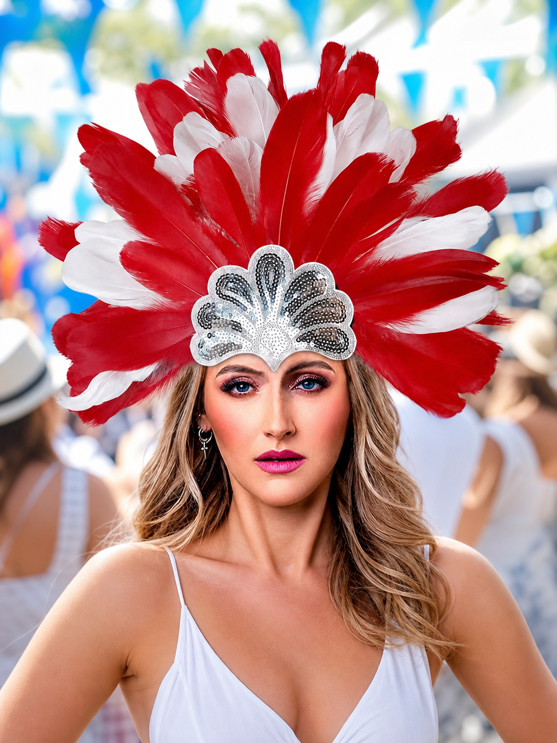 Carnival Headpiece with Red and White Feathers