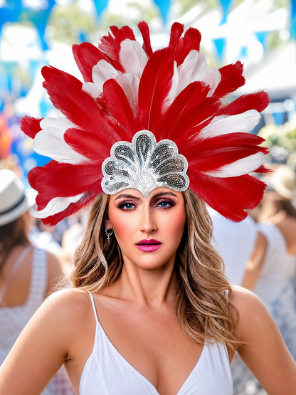 Carnival Headpiece with Red and White Feathers