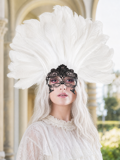 Masquerade Lace Eye Mask with White Feathers