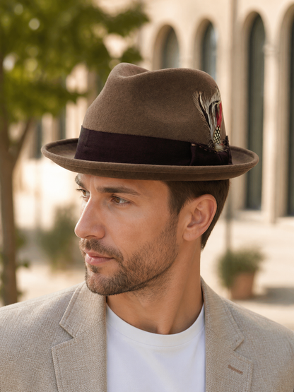 Carnival Fedora Hat with Feather and Wide Brim