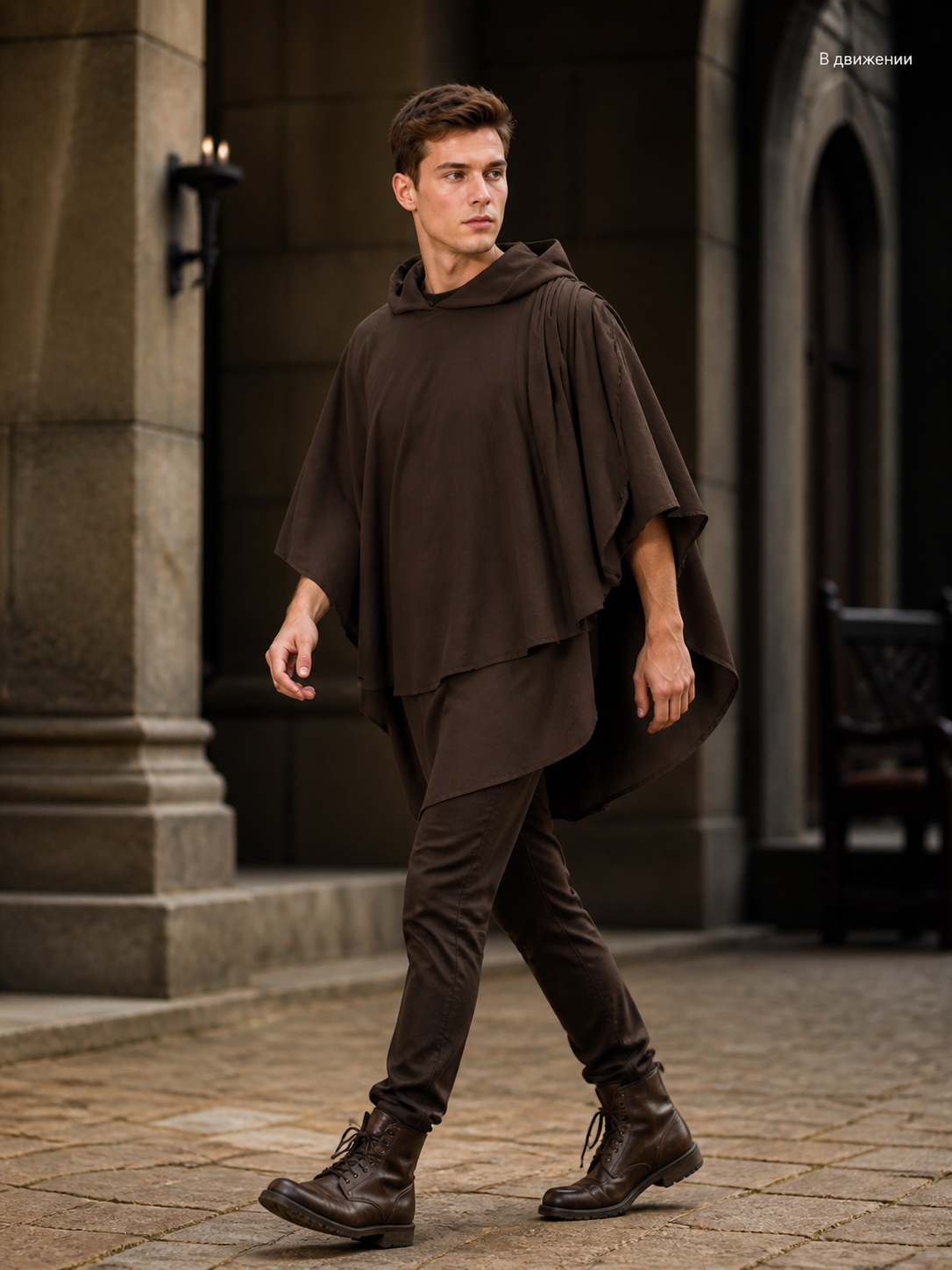 Women's Hooded Wanderer Cloak Costume with Layered Hem, Shoulder Draped Pleats lifestyle view 2