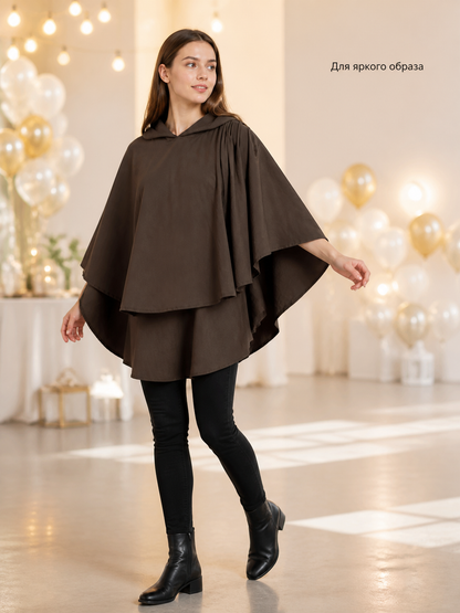 Women's Hooded Wanderer Cloak Costume with Layered Hem, Shoulder Draped Pleats lifestyle view 3