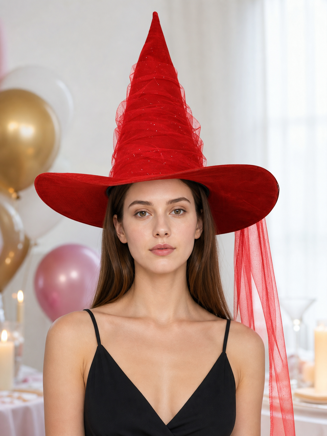 Red Halloween Witch Hat Tall Pointed Cone Wide Curved Brim Sheer Layered Glitter Speckled Costume Accessory for Parties and Photography