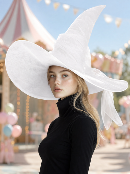 White Halloween Witch Hat With Wide Floppy Brim, Sheer Layered Fabric, Curved Pointed Crown And Trailing Veil For Cosplay Costume Party