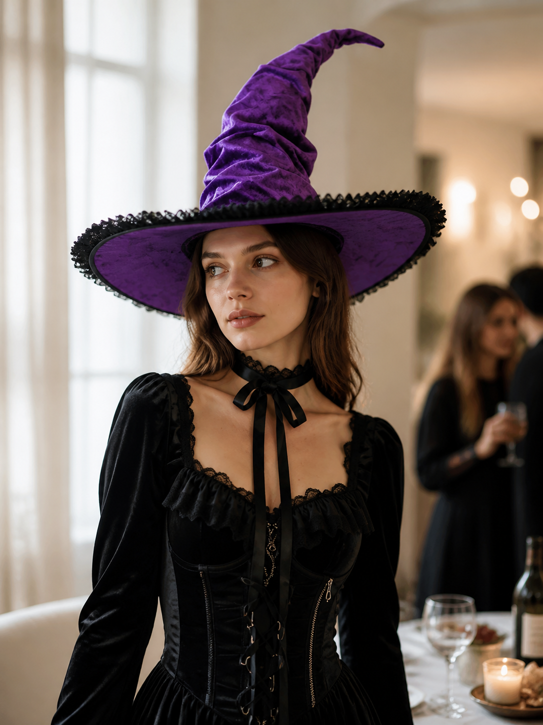 Purple black wide brim witch hat product view 29