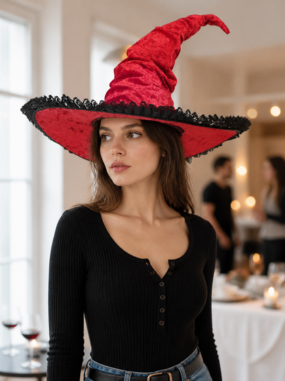 Red and Black Wide Brim Witch Hat, Tall Curved Pointed Top with Black Lace Trim lifestyle view 3