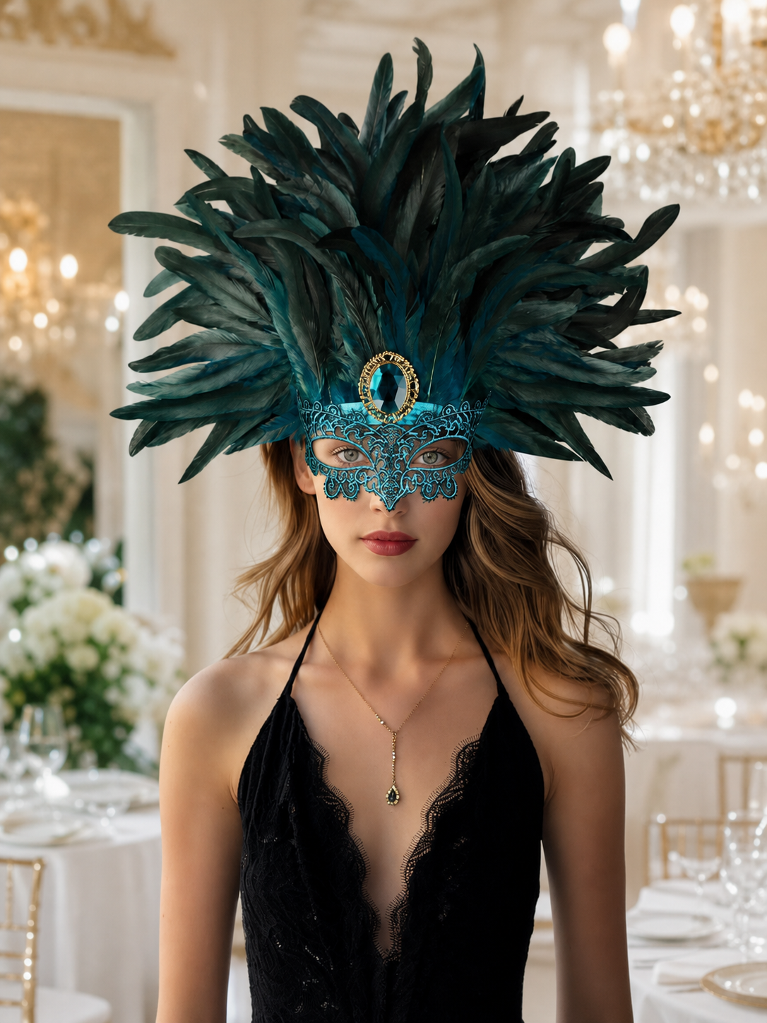 Carnival headpiece with feathers and a mask