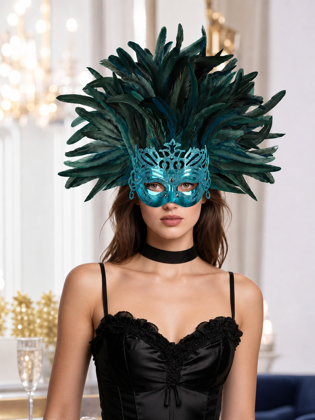 Carnival feathered headpiece with mask